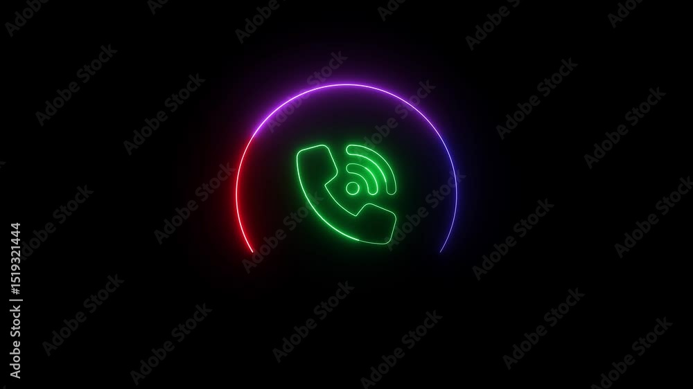 Poster glowing neon phone symbol with ringing signal within a colorful circle on a black background animati