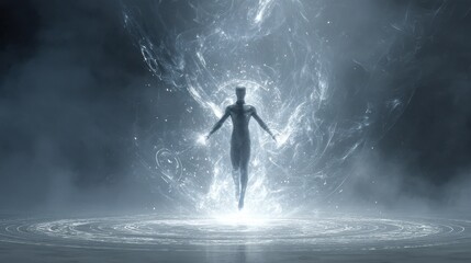 Obraz premium Ethereal Superhuman Figure Displaying Patience in a Moment of Cosmic Energy and Transformation