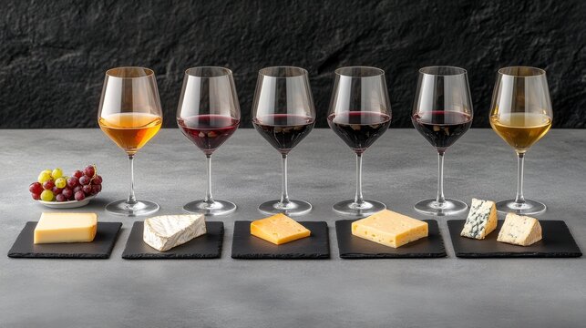 Elegant wine and cheese pairing display with assorted glasses, gourmet dishes, fresh grapes, inviting atmosphere of indulgence and celebration