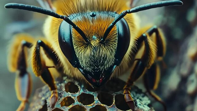 Macro honey bee close-up on honeycomb, with detailed texture and vibrant colors.