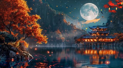 Obraz premium Dark moonlight, ancient Chinese architecture at the lake, maple trees with orange leaves