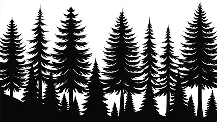 Obraz premium Black and White Silhouette of a Dense Evergreen Forest Landscape