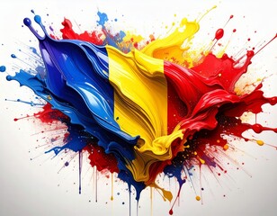 The flag of Romania depicted with a dynamic, splattered paint effect, giving it a vibrant and modern appearance. The colors stand out vividly against a white background.