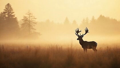 Deer in Foggy Field at Sunrise