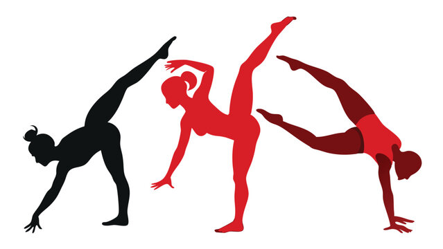 Three female figures in silhouette performing gymnastic and dance poses