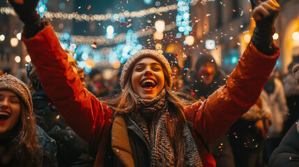 Obraz premium a diverse group of young adults cheering and throwing confetti in the air under festive lights during a New Year’s Eve celebration, everyone smiling and full of excitement