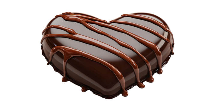 Melted dark chocolate in heart form with flowing drips isolated on white transparent background