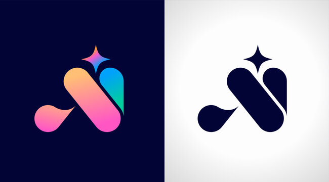 Fototapeta AI logo, Artificial Intelligence modern gradient icon. Colorful minimalist star and letters A and i icon. Vector design