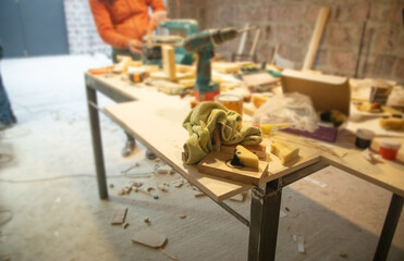 Woodworking workshop. Workplace for carving