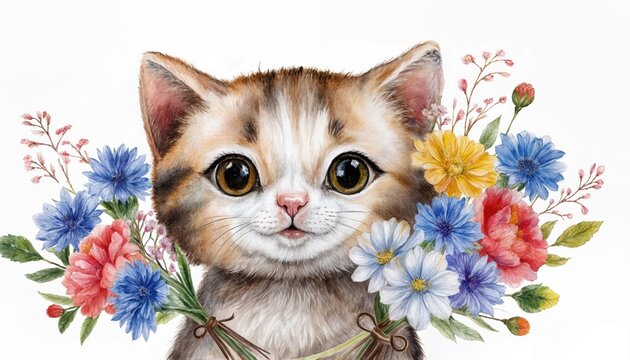 Happy Little White Cat Holding Flowers Delicate Watercolor Clipart Depicting a Content Feline Amidst Blooming Blossoms Against an Isolated White Background, Perfect for Digital Art, Home Decor,