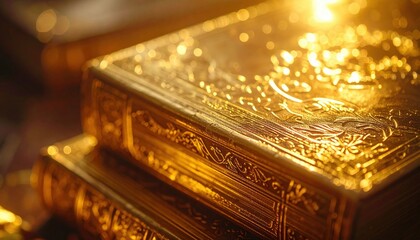 Golden Antique Book Stack Close Up