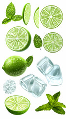 Lime Slices Mint Leaves Ice Cubes Cocktail Ingredients Graphic Design