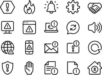 Outline Style Alert Icon Set, System Error Notifications on Transparent Background