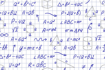 Seamless pattern with math formulas and geometric shapes on a grid background, resembling a school notebook.