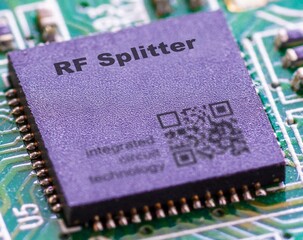 Close-up of an RF Splitter Integrated Circuit on a Green Circuit Board with Text 