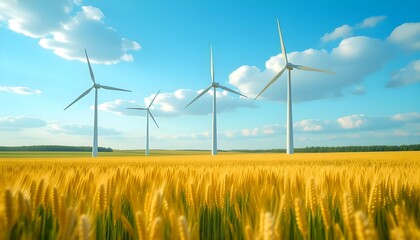 Wind turbines stand tall on vibrant green hills beneath a bright blue sky dotted with fluffy white clouds. Clean, renewable energy source.