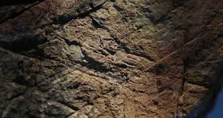 Close-up of fractured dark rock surface with dramatic crack and mixed lighting