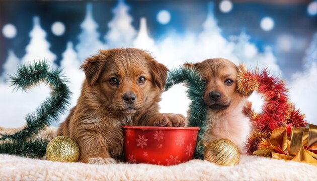 Happy new year puppies in a playful winter wonderland, Celebrating joy and cheerfulness with white snowflakes cascading, Furry friends frolicking amidst festive decorations, Creating a cozy and