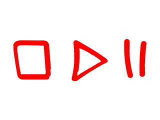 Red play pause stop media symbols in hand-drawn sketch style