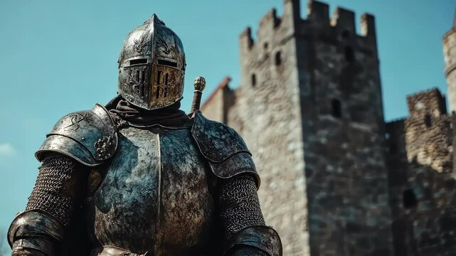 Medieval Knight in armor standing guard by a castle on a bright day. Ancient warrior with sword, ready for battle.  Protection and defense concept.
