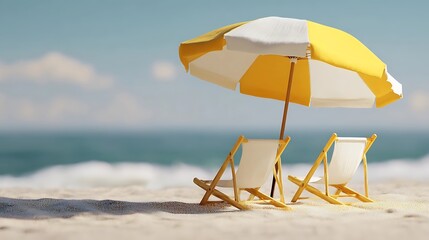 Beach umbrella and chairs on golden sand, summer relaxation and getaway concept