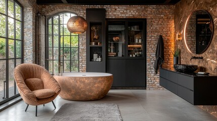 Luxurious modern bathroom, copper accents, exposed brick