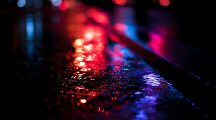 Glowing red and blue lights on wet street, vivid urban night scene