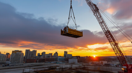 Naklejka premium Crane lifts cargo at sunset in city