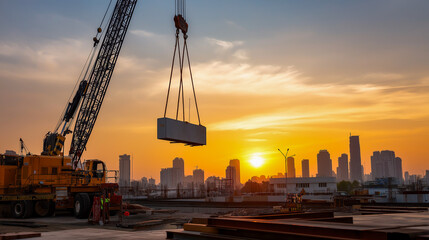 Crane lifts heavy material at sunset in city