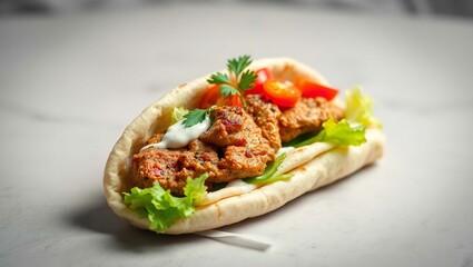 Traditional Arab chicken shawarma doner kebab with rolled in a pita wrap.