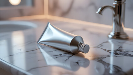 Toothpaste Tube Mockup on Marble Background in Minimal Bathroom Scene