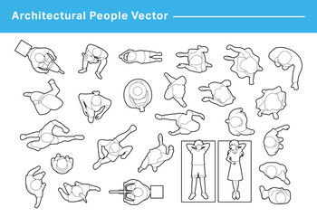 CAD Drawings. Set people outlines isolated on grey background. Sitting, walking, running. Top view. Vector illustration.