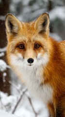 Obraz premium A fox stands still in a snow-covered forest, showcasing its vibrant orange fur and curious expression. Snowflakes gently fall around, enhancing the tranquil winter atmosphere