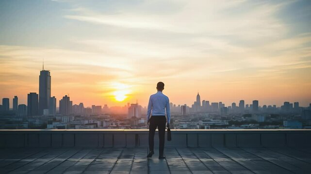 Lone businessman, seen from behind, stands on a rooftop ledge with a briefcase in hand, gazing out at a sprawling city skyline bathed in the warm, golden light of a sunset