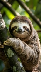 Fototapeta premium sloth clinging to a tree branch in a lush rainforest setting