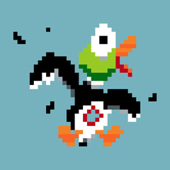 pixel art hunt go flying duck. duck is running away from something. design for all business.