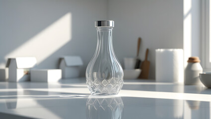 Minimalist Empty Glass Sauce Bottle Mockup on White Kitchen Counter