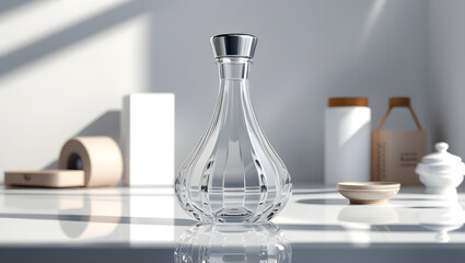 Clean Food Packaging Concept with Transparent Glass Bottle and Metallic Cap