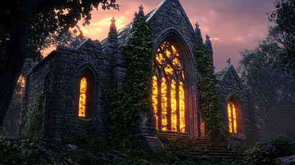 Ancient stone church with ivy-covered walls and glowing stained glass windows at dusk.