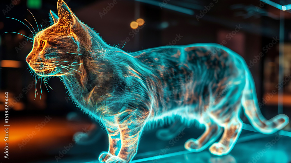Poster This interactive hologram of a cat floats in a soft, glowing display, reflecting advanced technology.