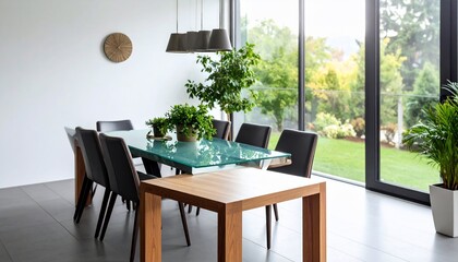 Modern Dining Room with Glass Table and Garden View