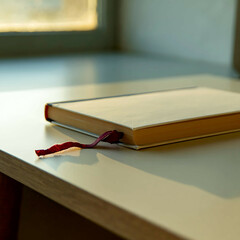 Closed book with bookmark on wood desk in late afternoon light, side angle view