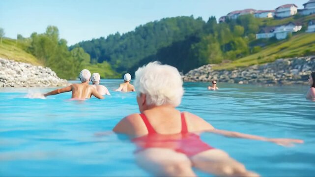 Mature female enjoying backstroke swimming in pristine blue lake, showcasing active senior lifestyle with graceful water movement under bright sunlight