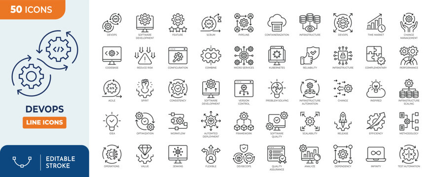 DevOps icon set. Containing automation, deployment, agile workflows, software development, and more. Outline Icon Collection. Editable stroke. Vector illustration	