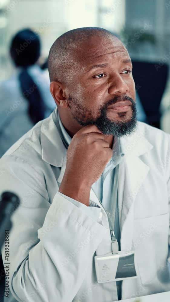 Poster computer, reading and science with man in laboratory for medical development or research. innovation