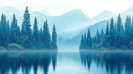 Misty lake view reflecting trees, mountains, serene nature