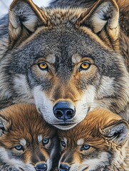 Fototapeta premium Wolf and pups in close-up