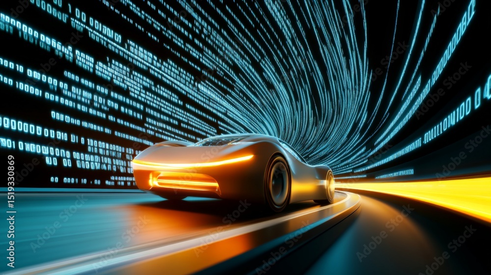 Poster futuristic car racing through a digital tunnel with glowing binary code and vibrant light trails