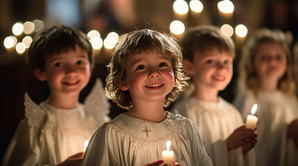 Angel-costumed children singing joyful Christmas carols during a candlelit church service.
