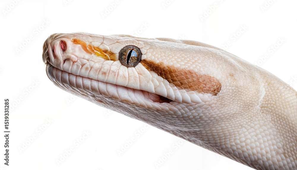 Poster striking portrait of the ball python aka python regius, majestically posing against a white backdrop